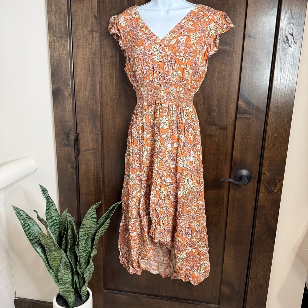 NWT Floral Dress Vneck high low flutter sleeves smocked waist open back L Rayon